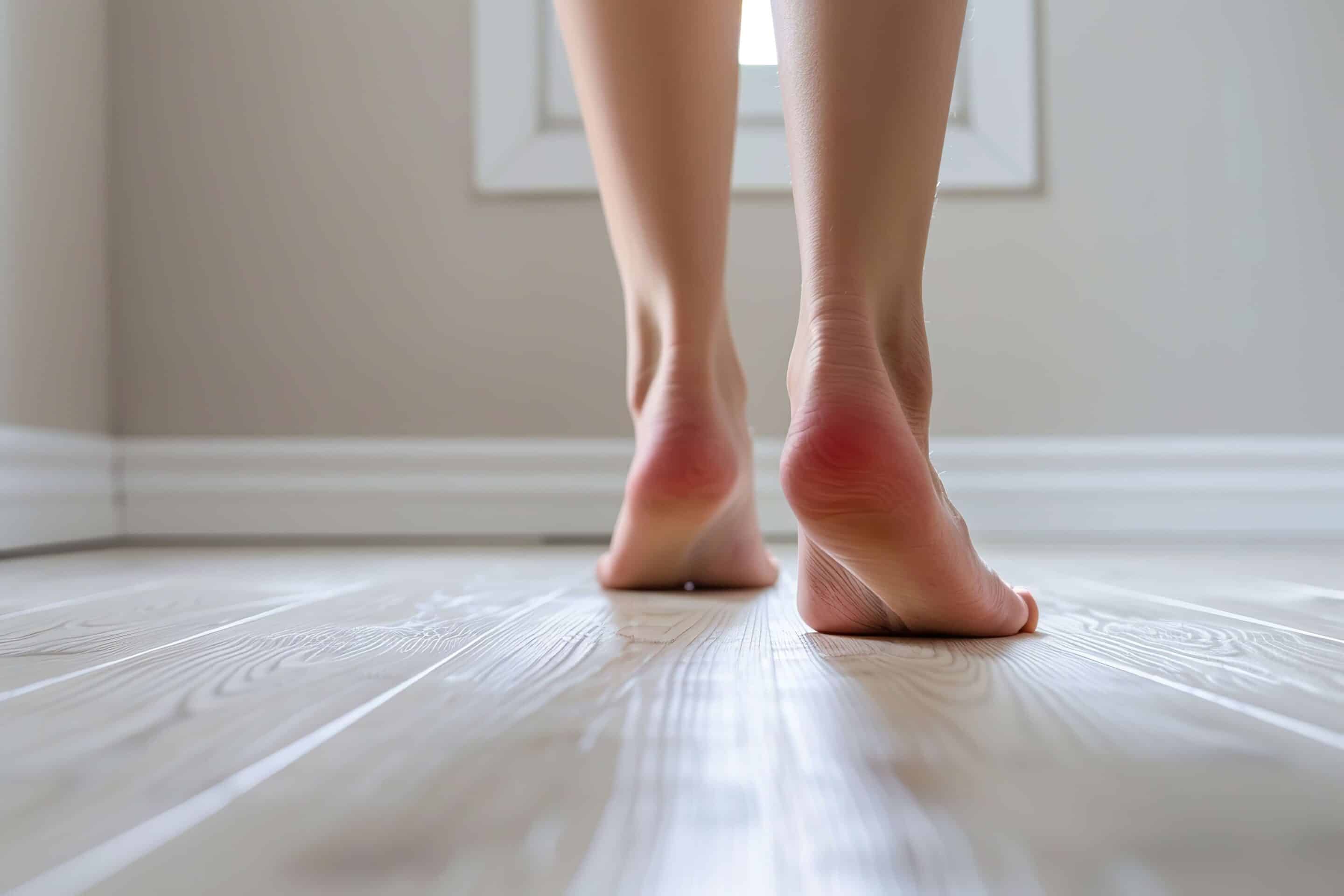 Barefoot on white wooden floor. Close up view of bare foots walking at minimalistic cozy home background. Skin care, cosmetology, health concept. Healthcare and podiatry. Heated warm floor. Legs, heel